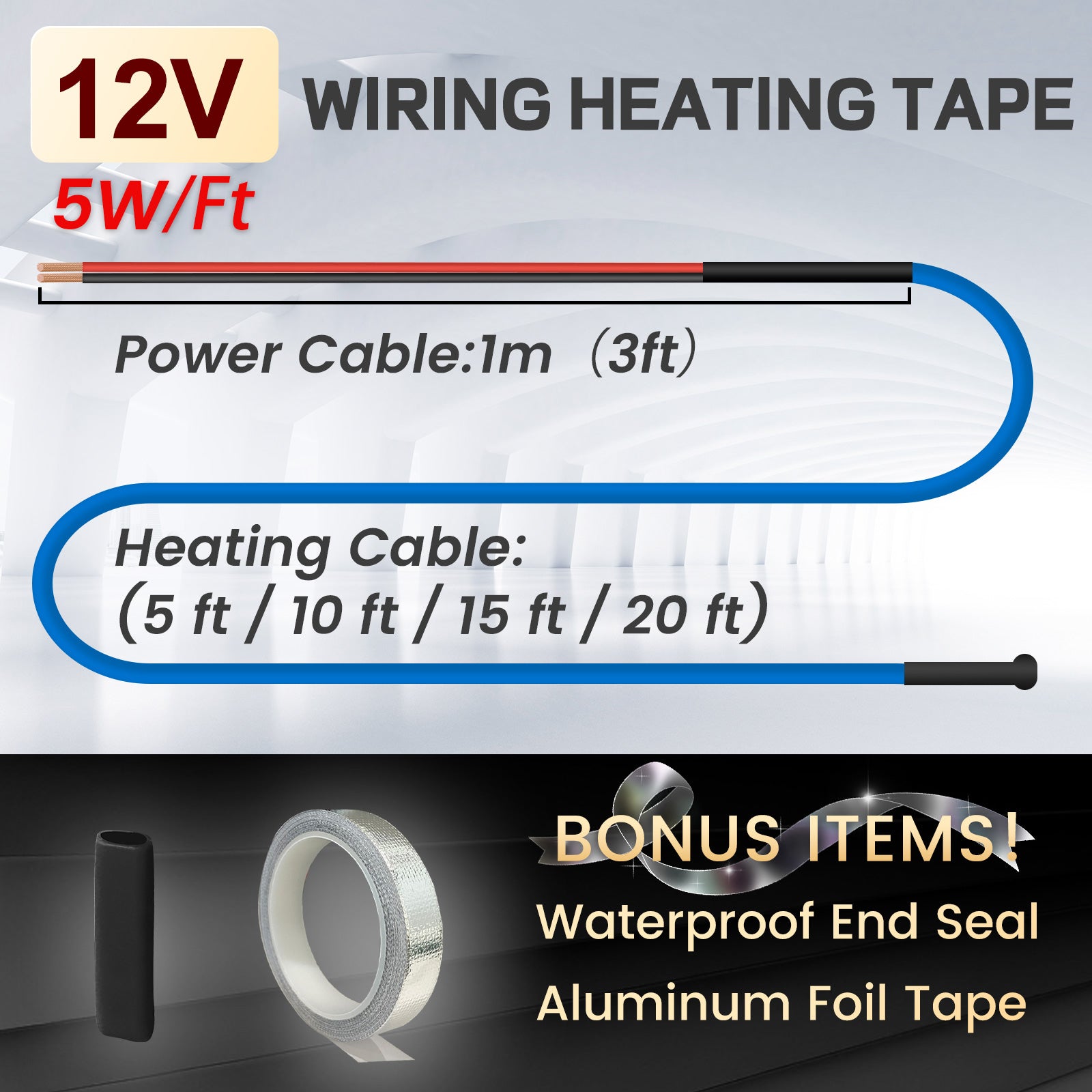 12V Self-Regulating Heating Cable, for RV Freeze Protection 5W/ft, with Waterproof End Seal Kit & Aluminum Foil Tape