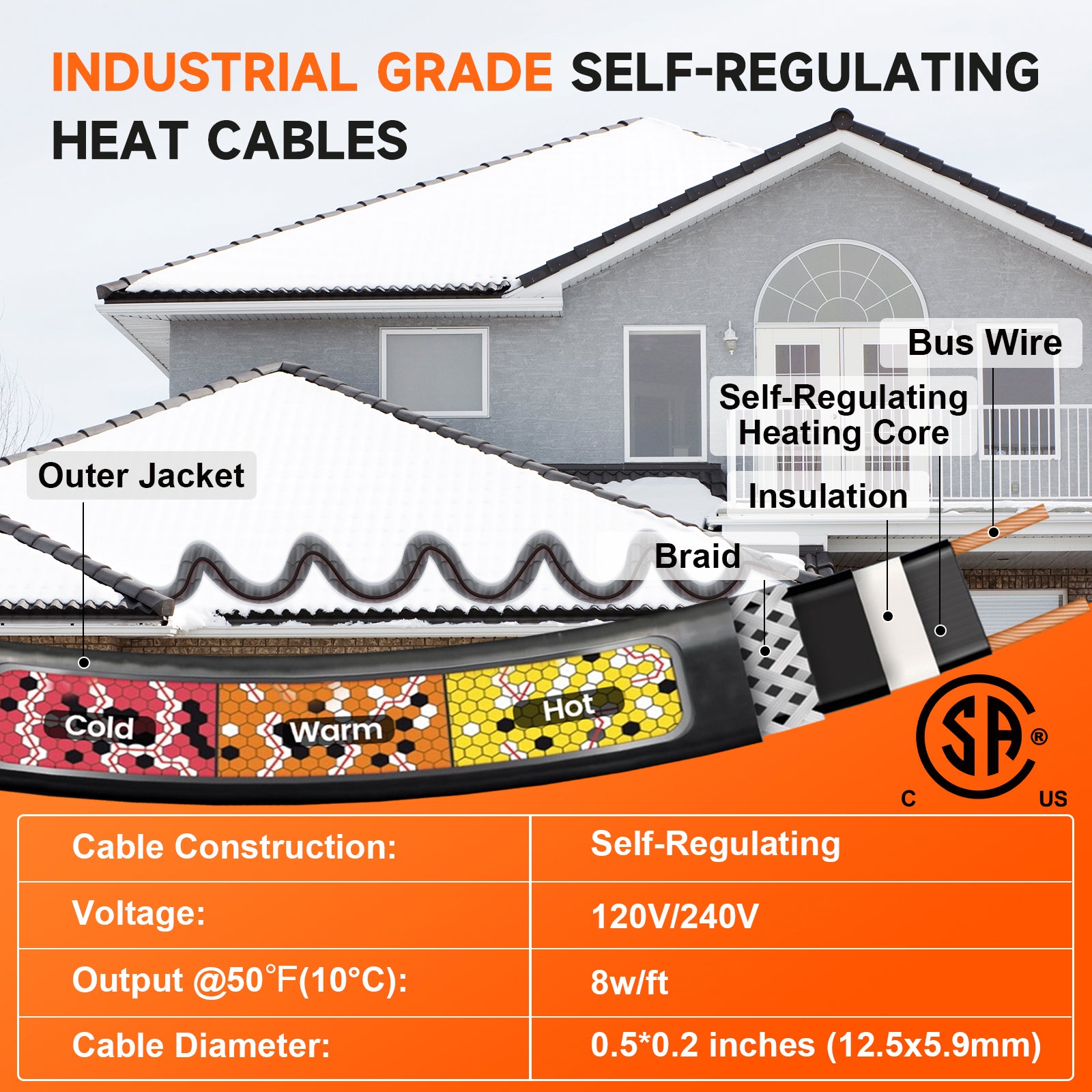 YeloDeer Cut to Length Roof Deicing Cable, Gutter & Pipe Heater Cable, CSA Certified Self Regulating Heat Tape, 8W/ft