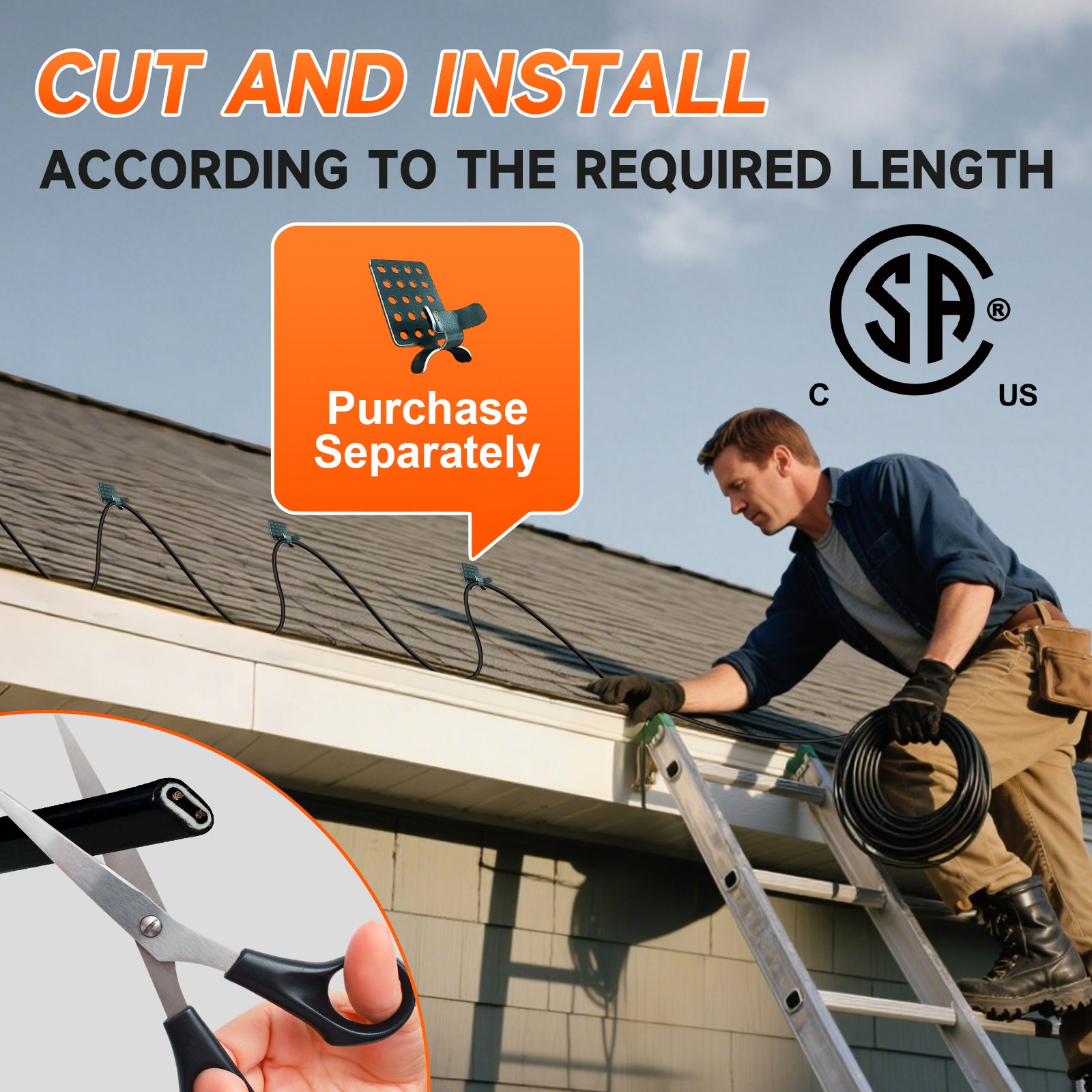YeloDeer Cut to Length Roof Deicing Cable, Gutter & Pipe Heater Cable, CSA Certified Self Regulating Heat Tape, 8W/ft