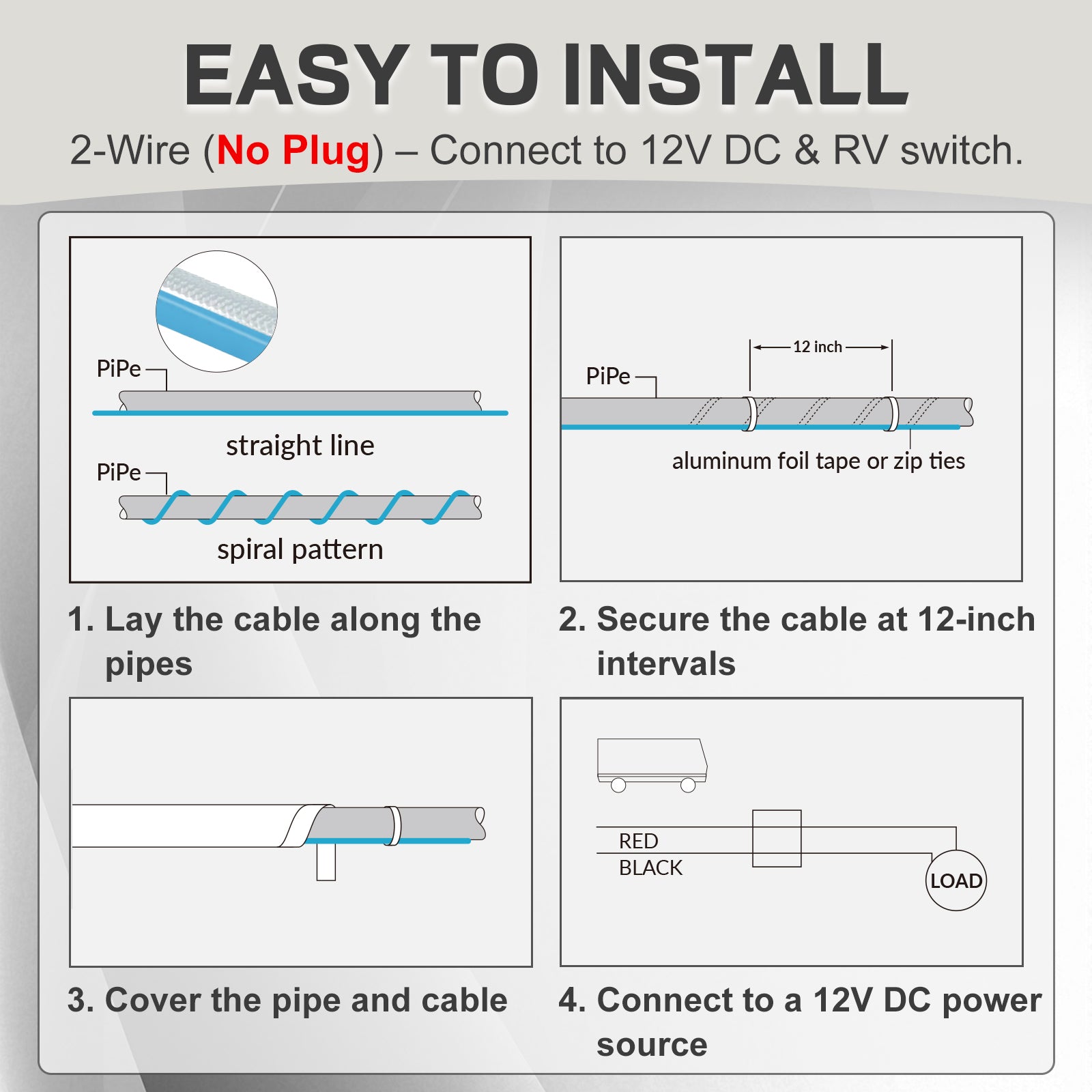 12V Self-Regulating Heating Cable, for RV Freeze Protection 5W/ft, with Waterproof End Seal Kit & Aluminum Foil Tape