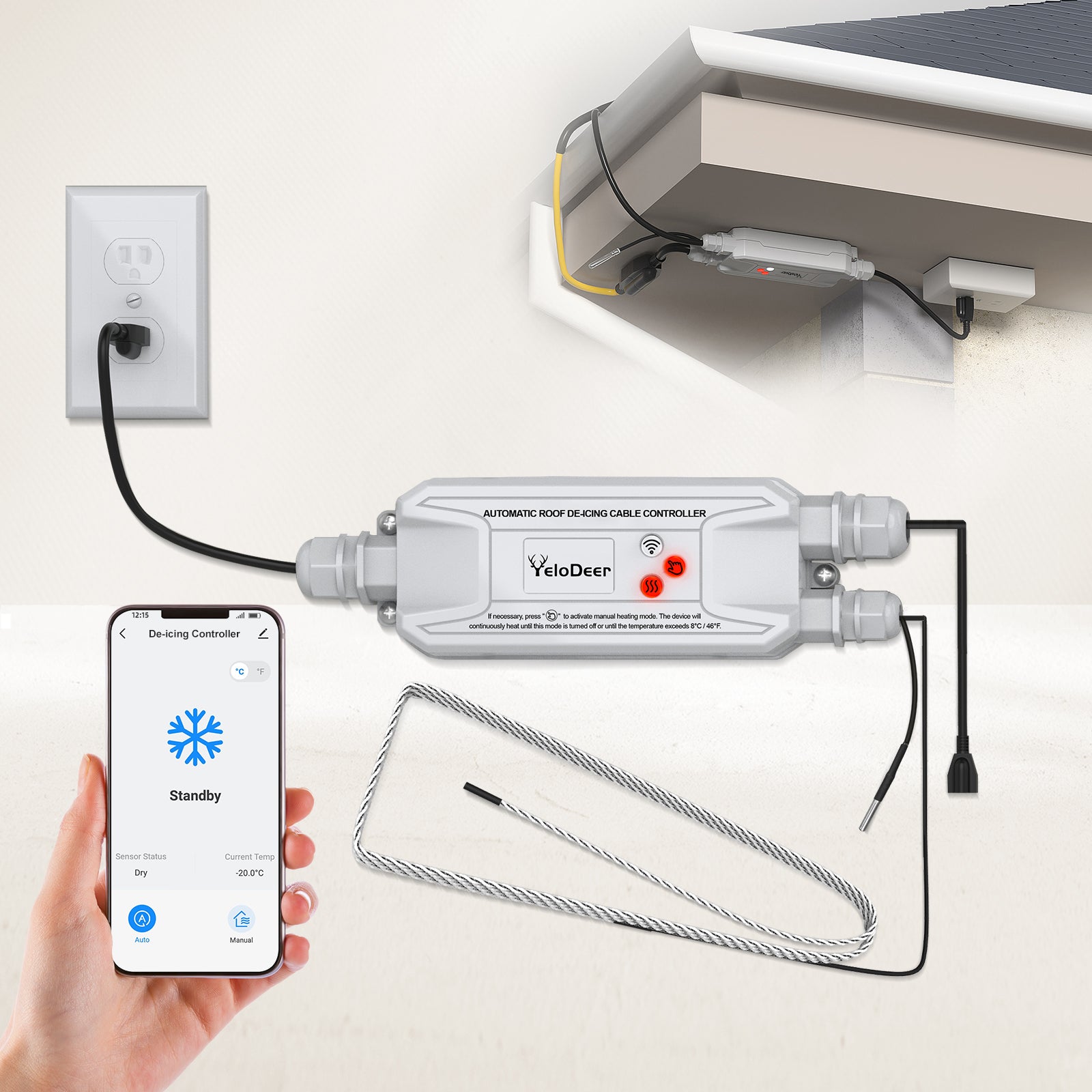 YeloDeer Roof De-icing Cable Controller, Automatic On/Off with Temperature & Moisture Sensors, Energy-Saving Design