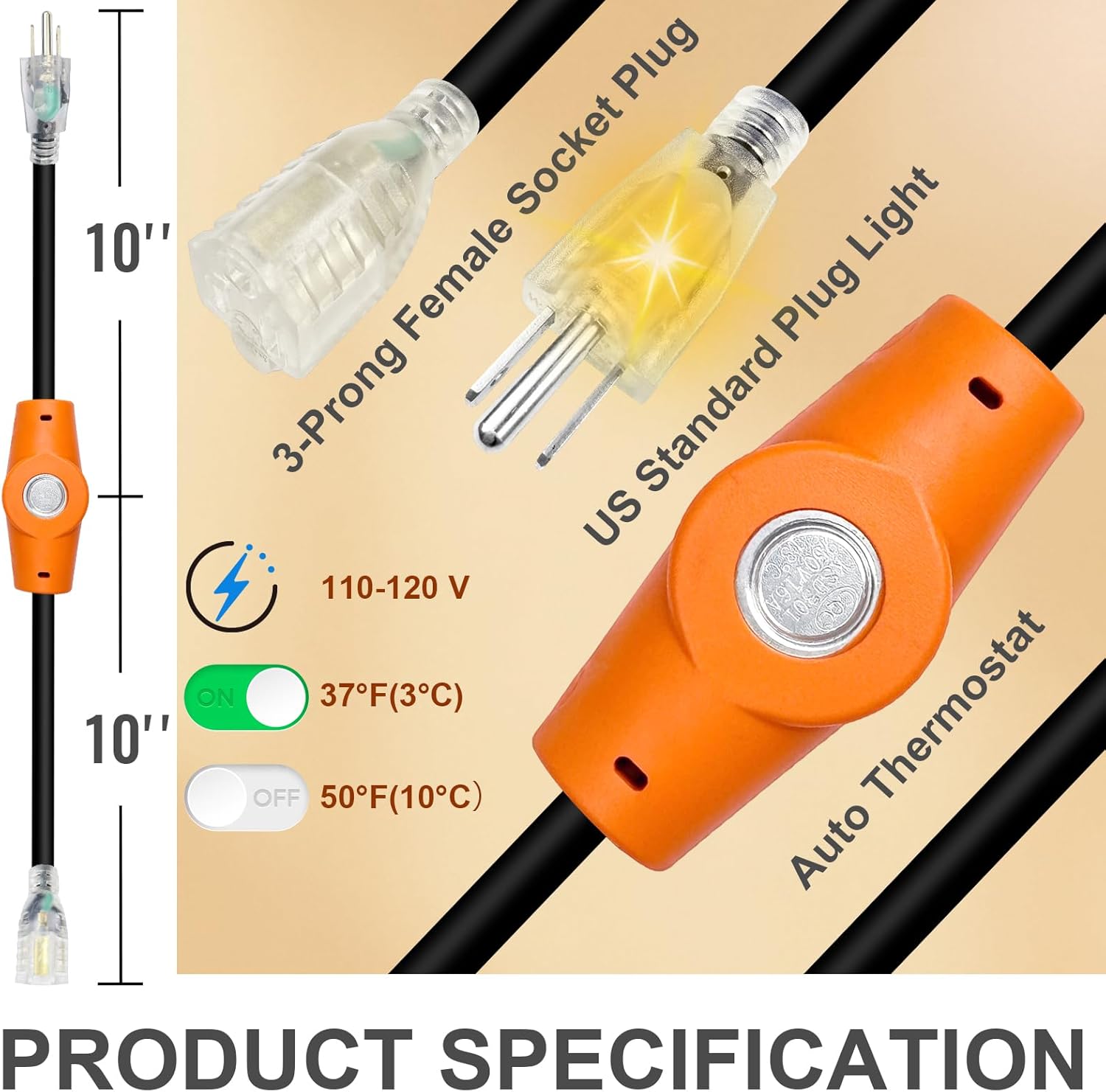 YeloDeer Temperature Controlled Extension Cord, Temperature Controlled Outlet, Auto On/Off, Slim Waterproof Design, 20''
