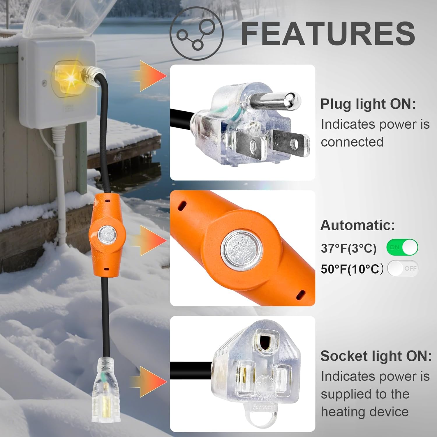 YeloDeer Temperature Controlled Extension Cord, Temperature Controlled Outlet, Auto On/Off, Slim Waterproof Design, 20''