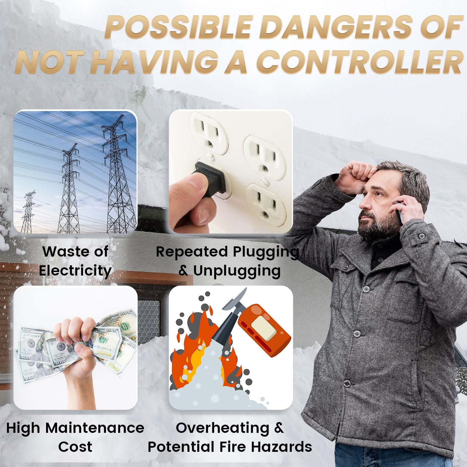 YeloDeer Roof De-icing Cable Controller, Automatic On/Off with Temperature & Moisture Sensors, Energy-Saving Design