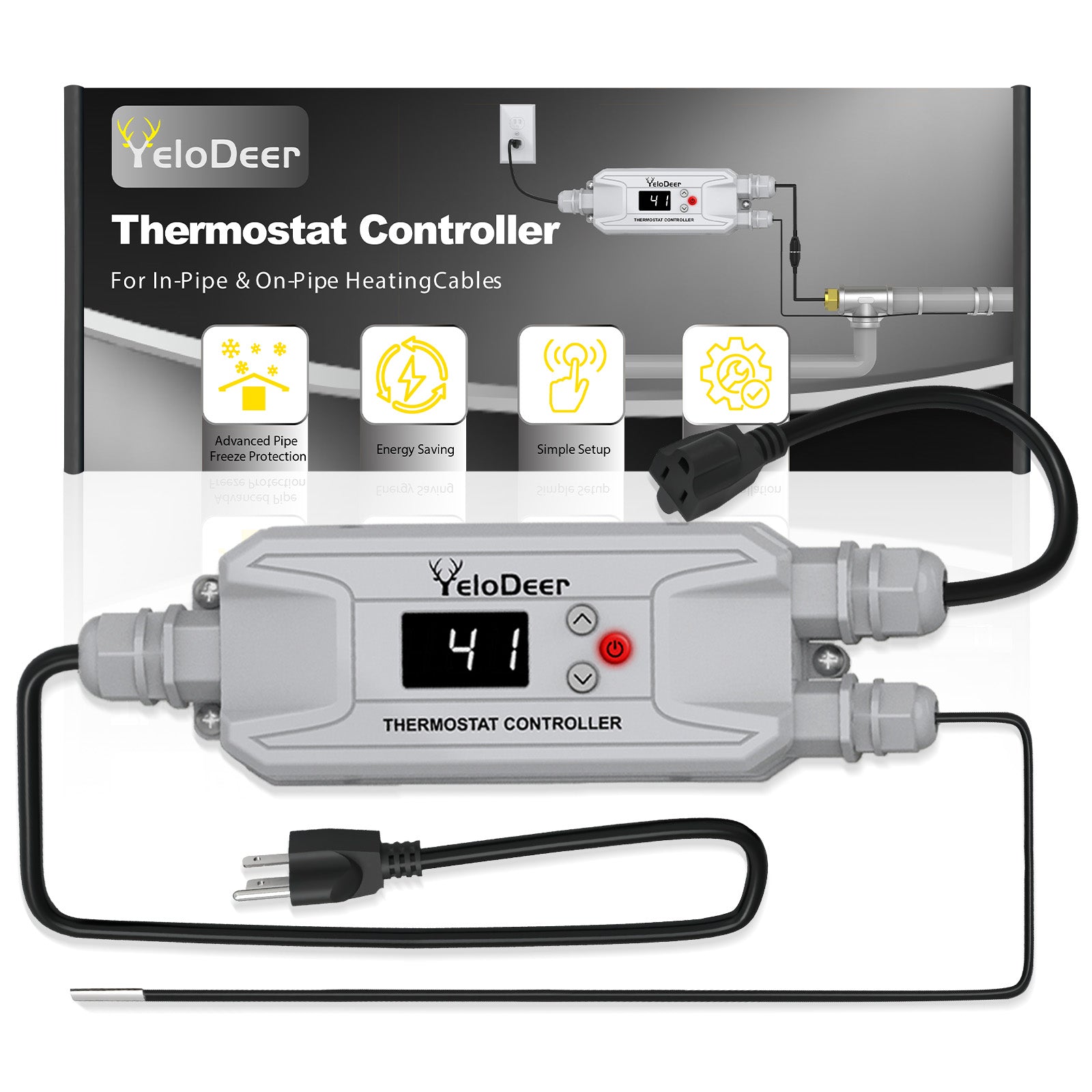 YeloDeer Pipe Heat Tape Thermostat, Temperature Controller, Includes a 15 ft Sensor