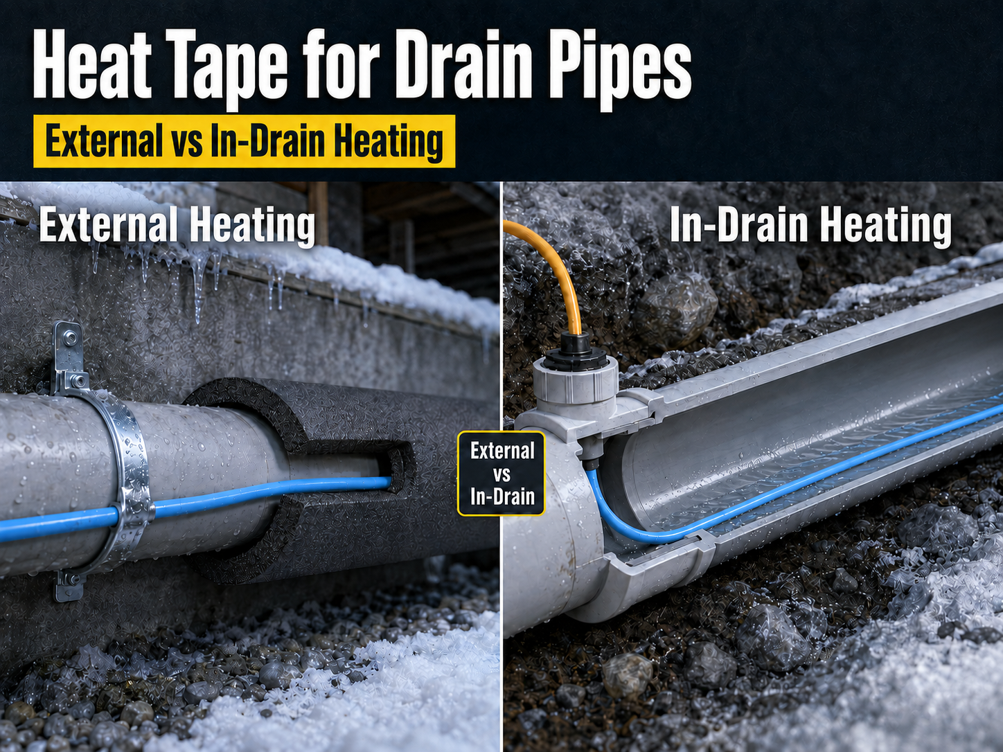 Heat Tape for Drain Pipes: External vs In-Drain Heating Cable