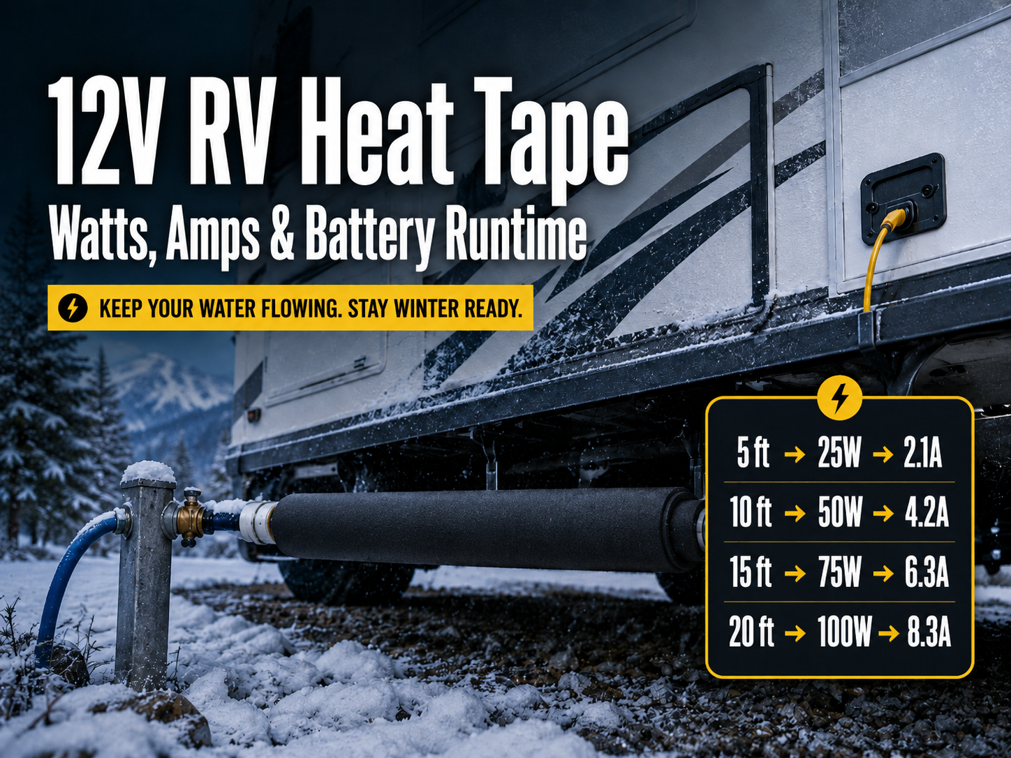 12V Heat Tape for RV Water Lines: Power Draw, Battery Runtime & Cable Length
