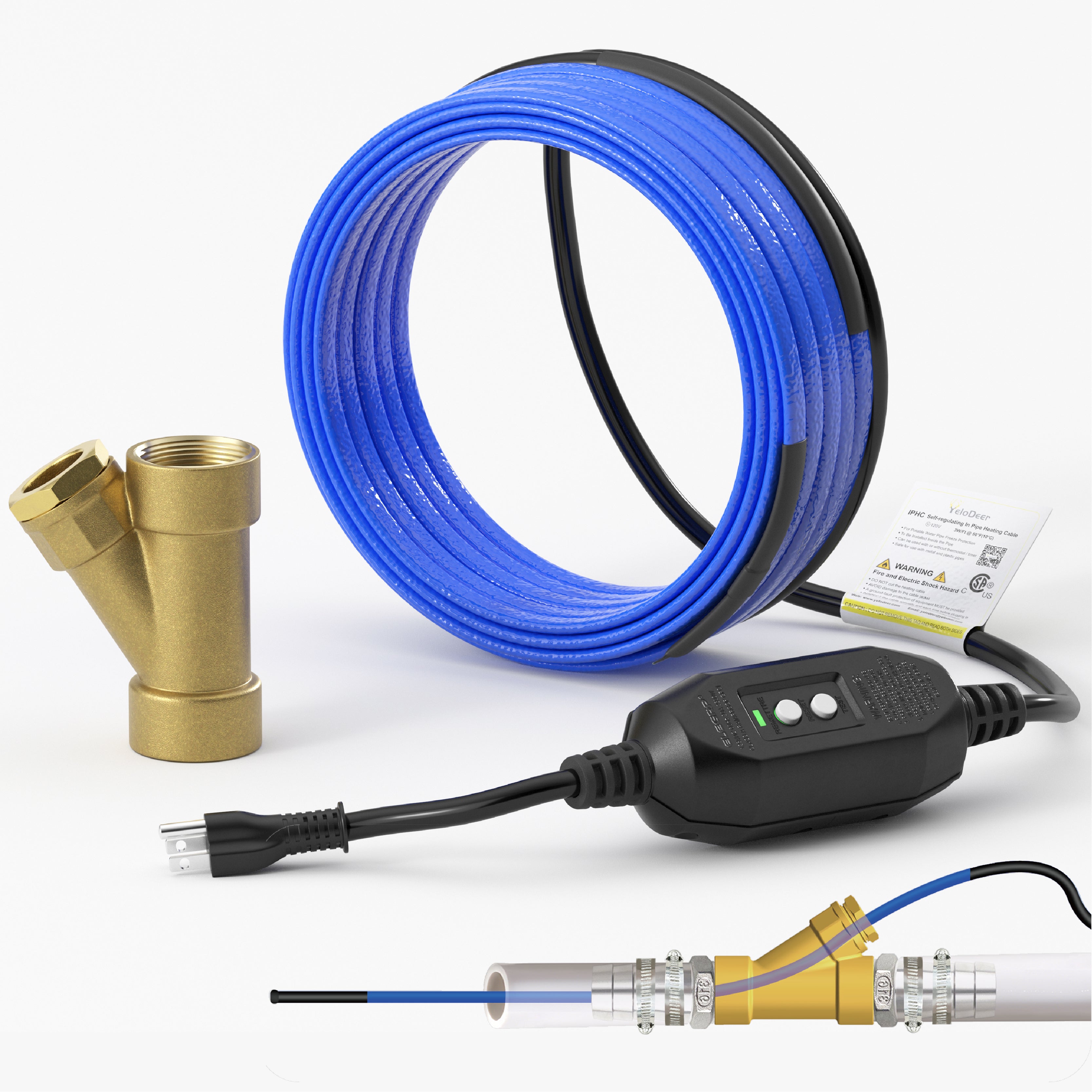 YeloDeer In Line Pipe Heating Cable with Y-Fitting, Self-Regulating Heat Cable for Drinking Water, with GFCI, 3W/Ft 120V