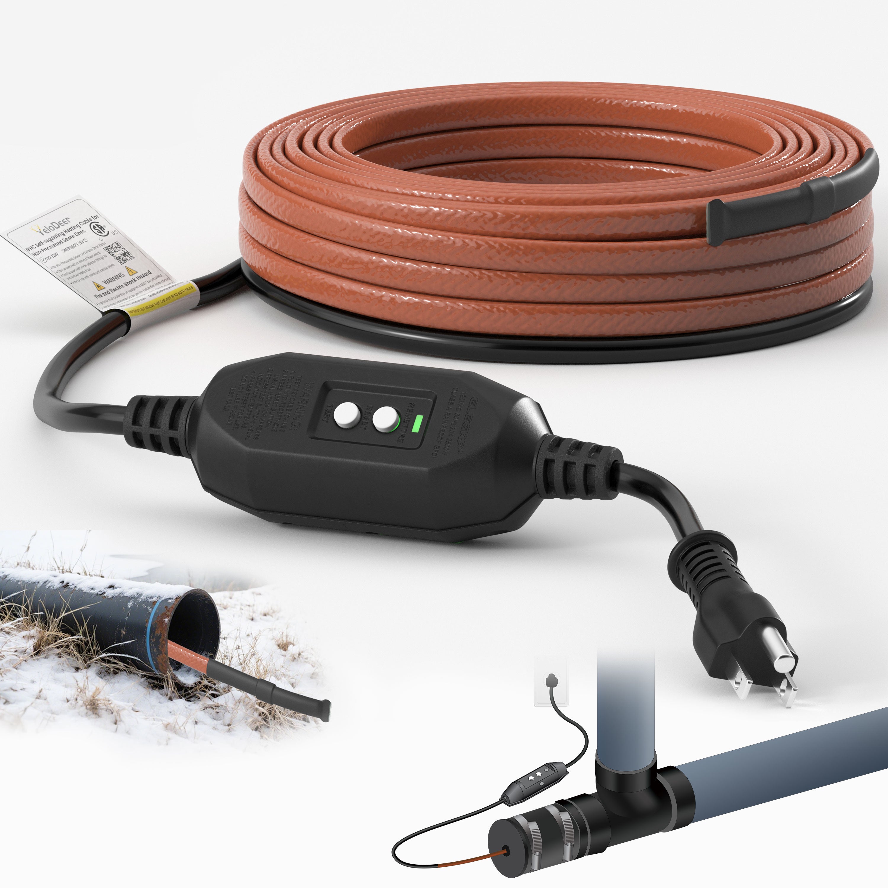 YeloDeer Heavy-Duty In Pipe Heating Cable for Sewer Systems, Self-Regulating with GFCI, Wastewater Pipe Heater, 5W/Ft 120V