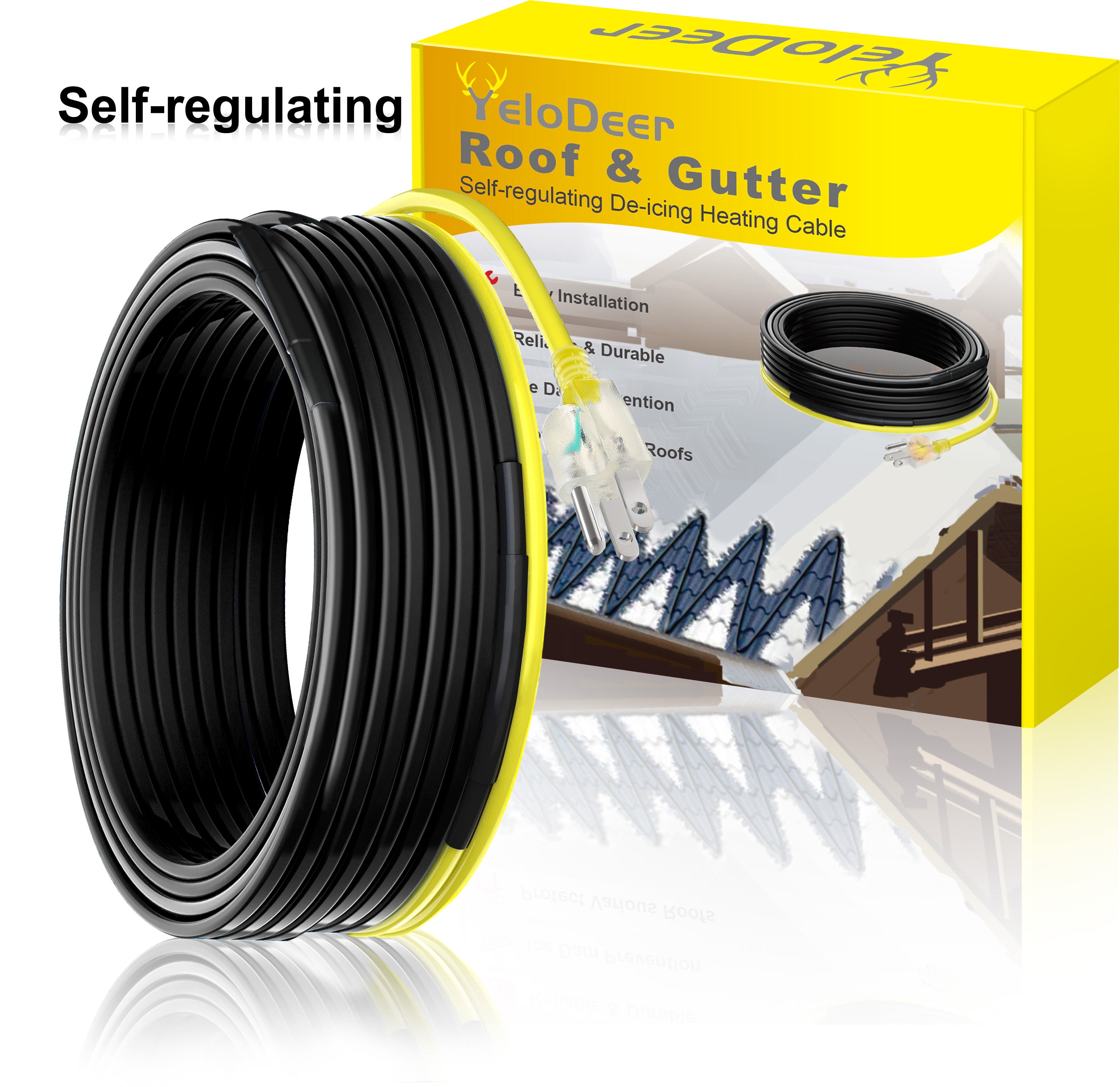 YeloDeer Gutter Heat Trace Cable, Self-regulating Heat Tape Pro with 6ft Power Cold, 8W/Ft