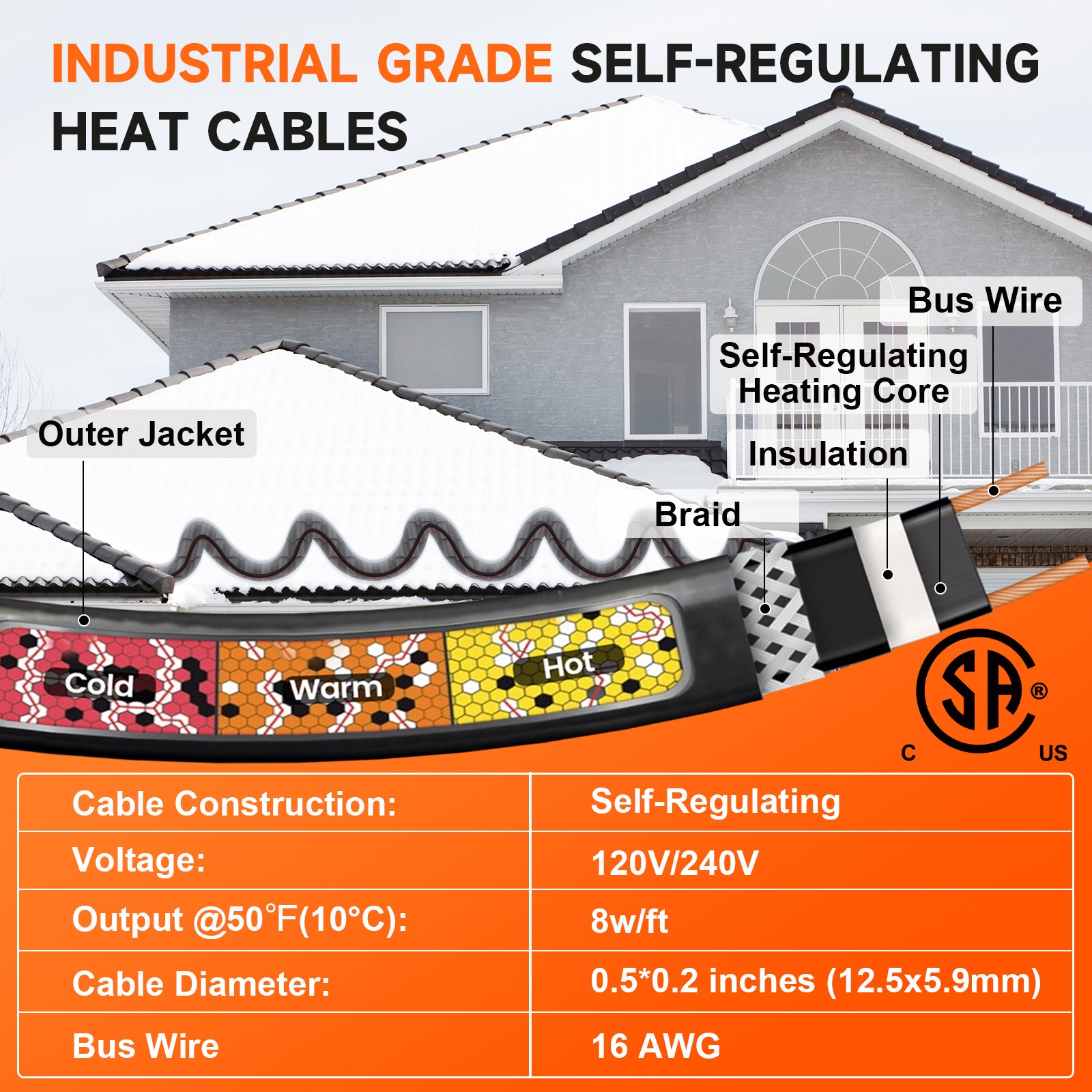YeloDeer Bulk Heating Cable Roll, Cut to Length Self-Regulating Heat Tape for Roof de-icing and Pipe Heating
