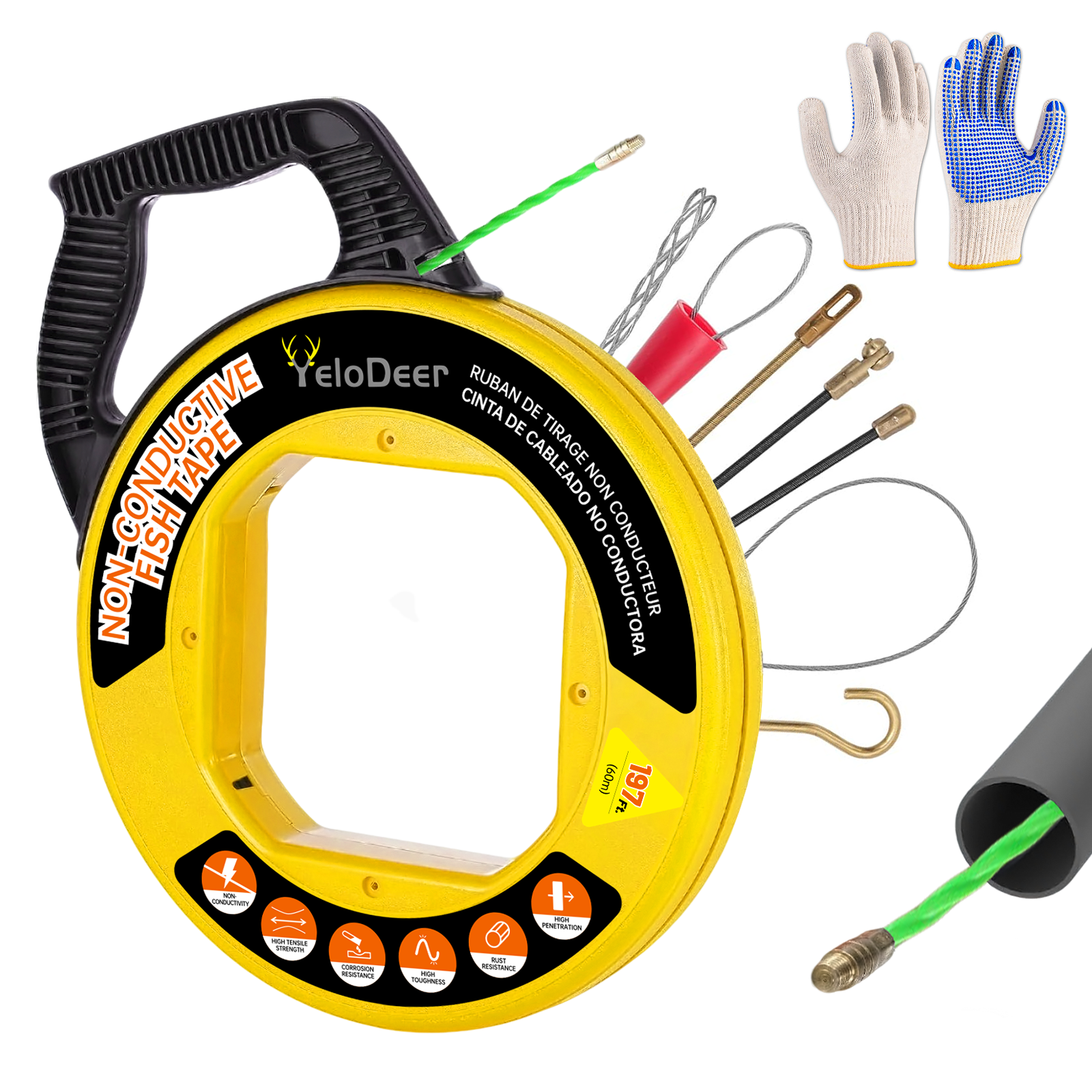 YeloDeer Fish Tape Wire Puller Series, High-Quality PET Guide Wire, with Gloves and Optional Adapters, 50FT/100FT/197FT x 4.5mm