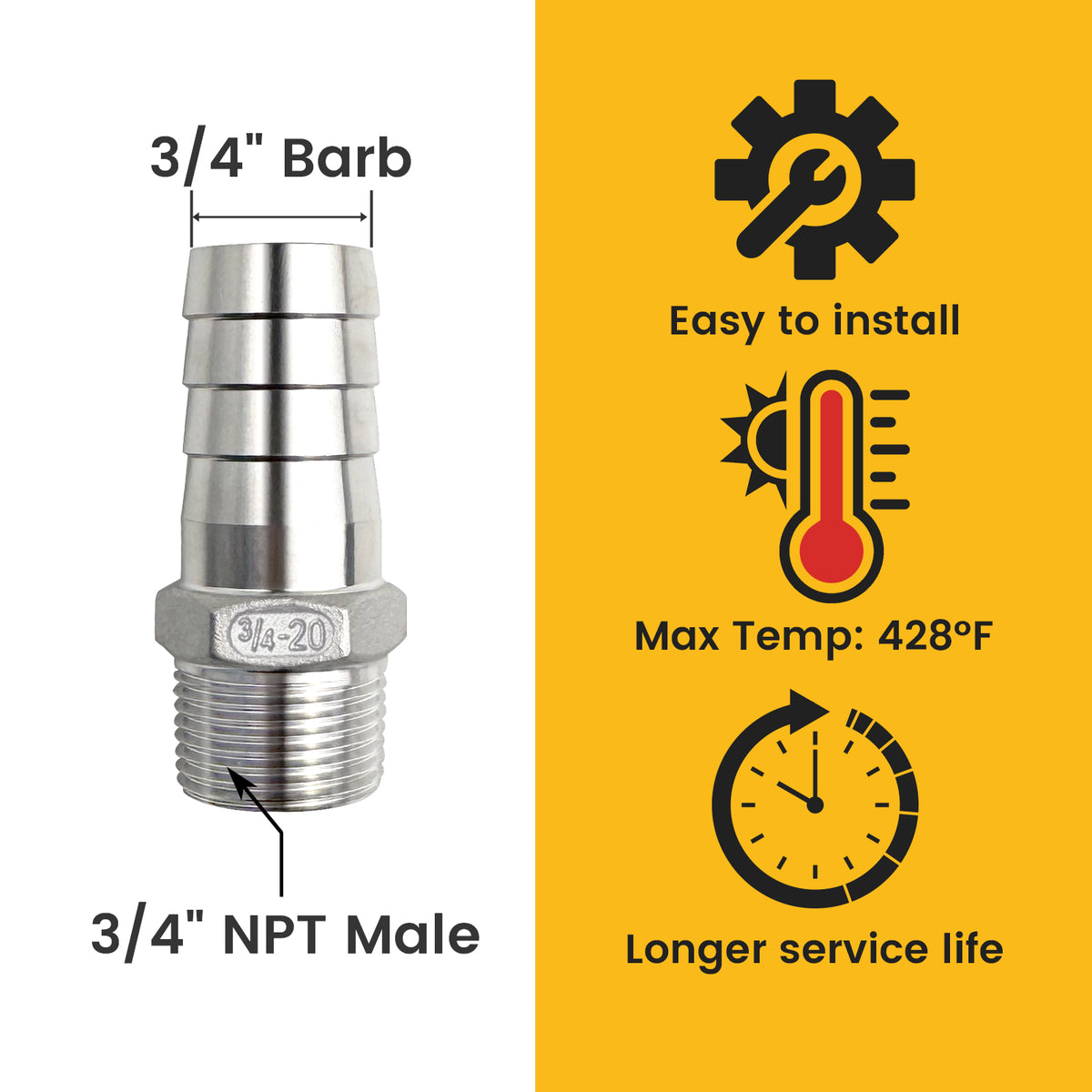 316 Stainless Steel Hose Barb × Male NPT Adapter Set with Clamps