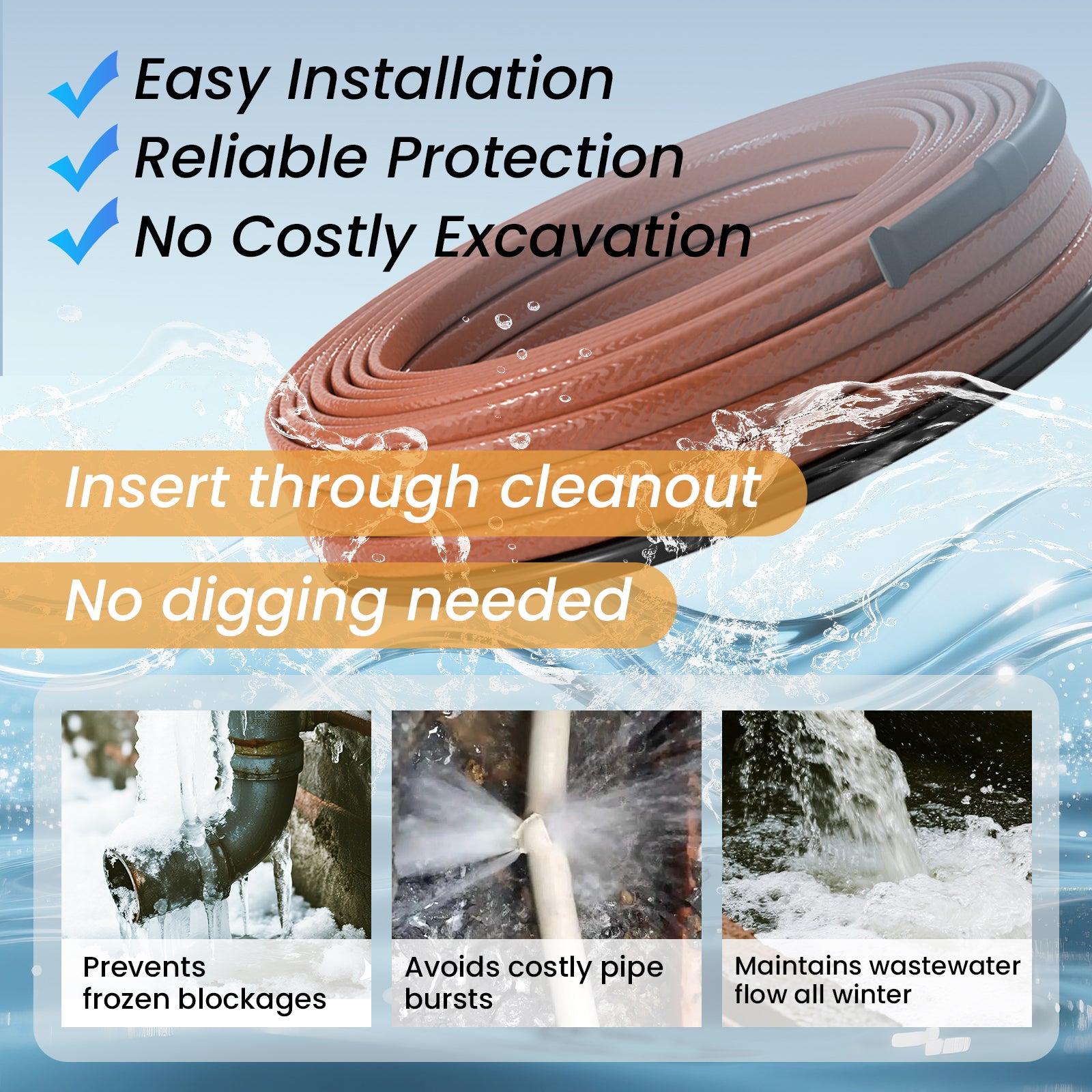 YeloDeer Heavy-Duty In Pipe Heating Cable for Sewer Systems, CSA Certified Self-Regulating with GFCI, Wastewater Pipe Heater, 5W/Ft 120V