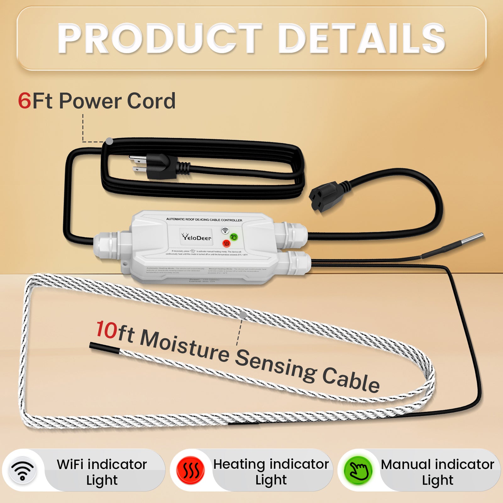 YeloDeer Gutter Heat Cable Control, Temperature Controller, Includes a 10ft Moisture Sensing Cable