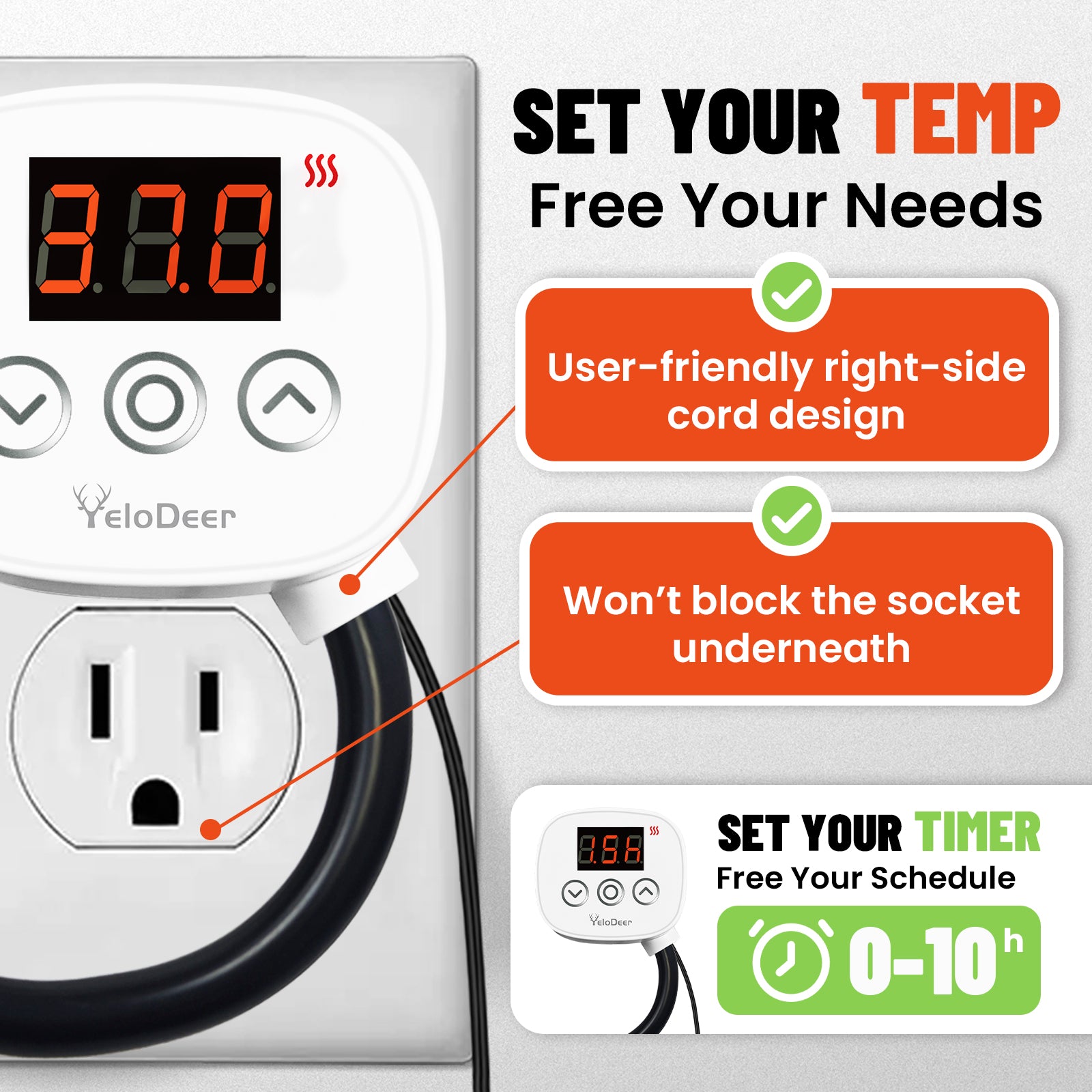 YeloDeer Digital Thermostat, Plug-In Temperature Controlled Outlet, with Timer & 6.6ft Sensor Probe, Precise Temp Control for Reptile Greenhouse Pipe