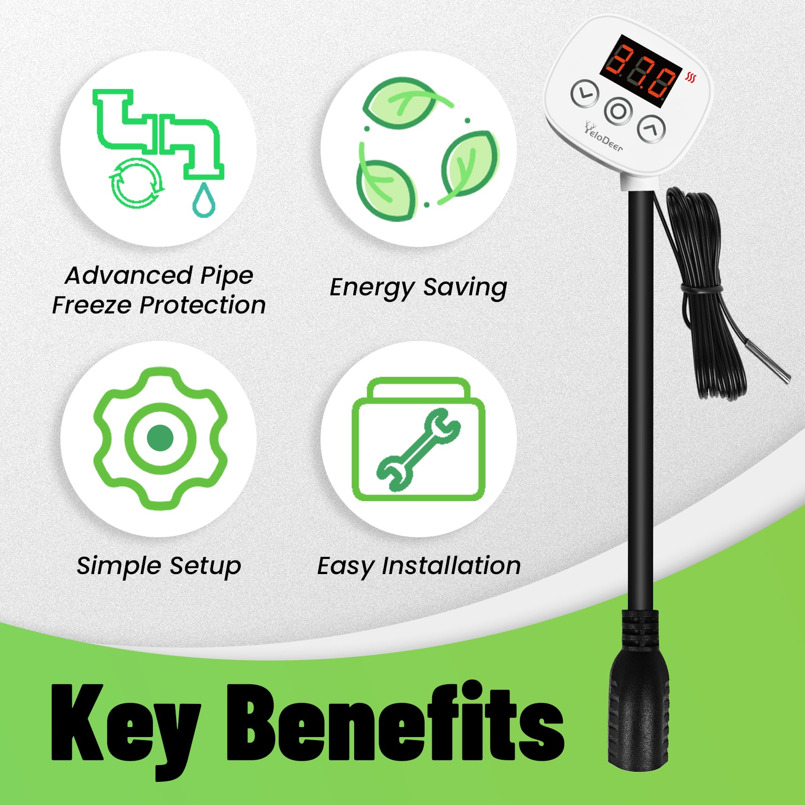 YeloDeer Digital Thermostat, Plug-In Temperature Controlled Outlet, with Timer & 6.6ft Sensor Probe, Precise Temp Control for Reptile Greenhouse Pipe