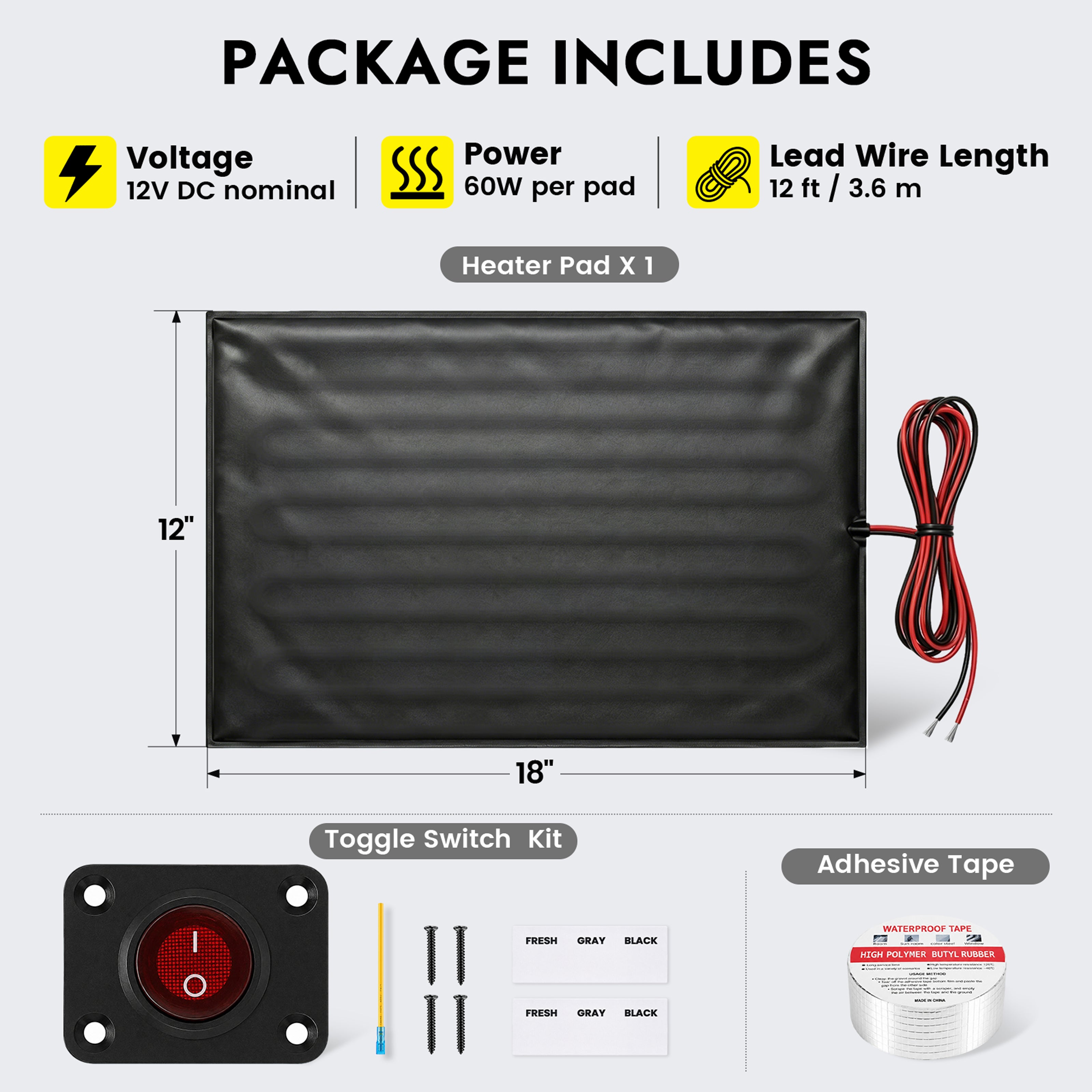 12V RV Tank Heater Pad with Switch for Cold-Weather Freeze Protection