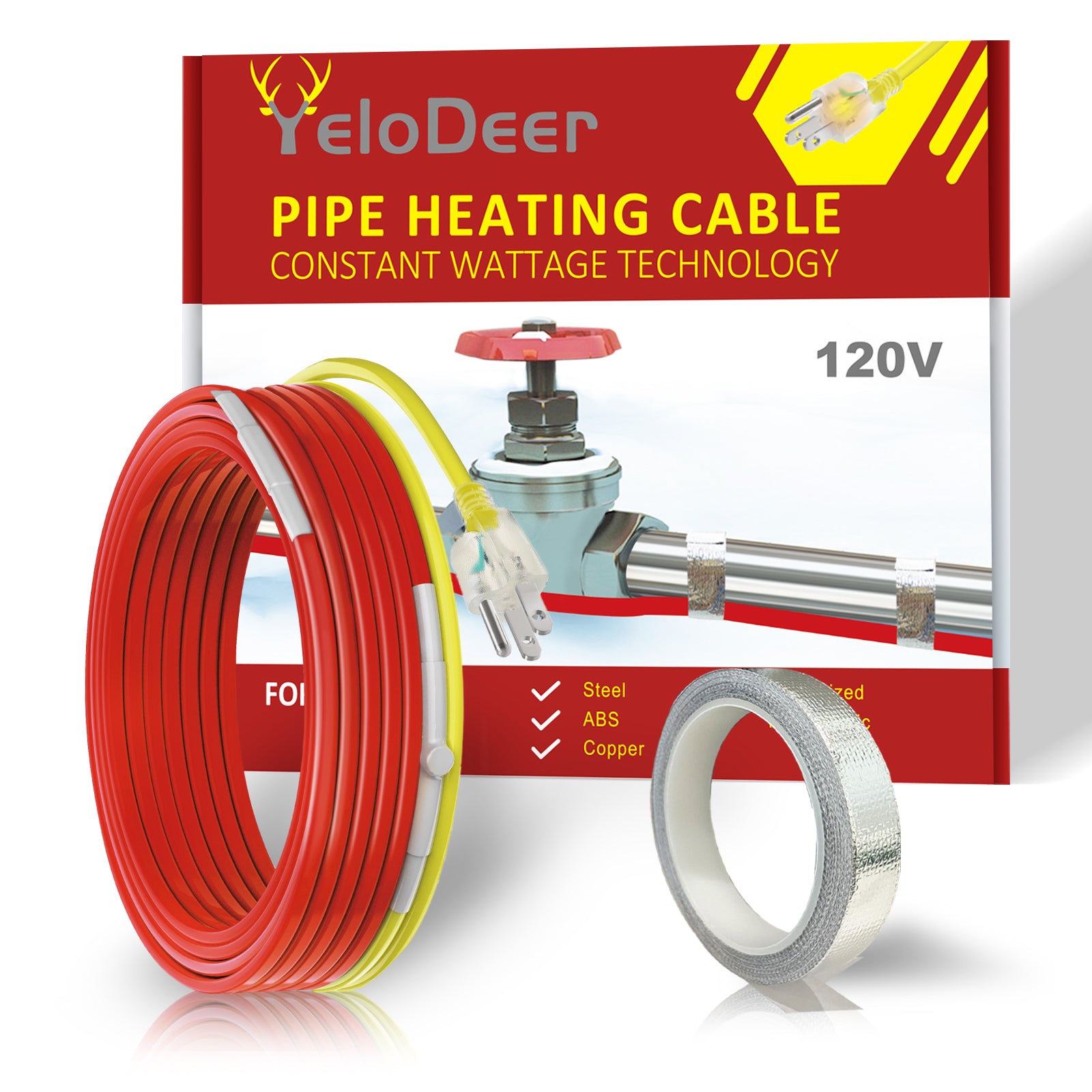 YeloDeer Heat Trace for Pipe Freeze Protection, Constant Wattage Pre-assembled Heat Tape, with Thermostat, 7W/Ft