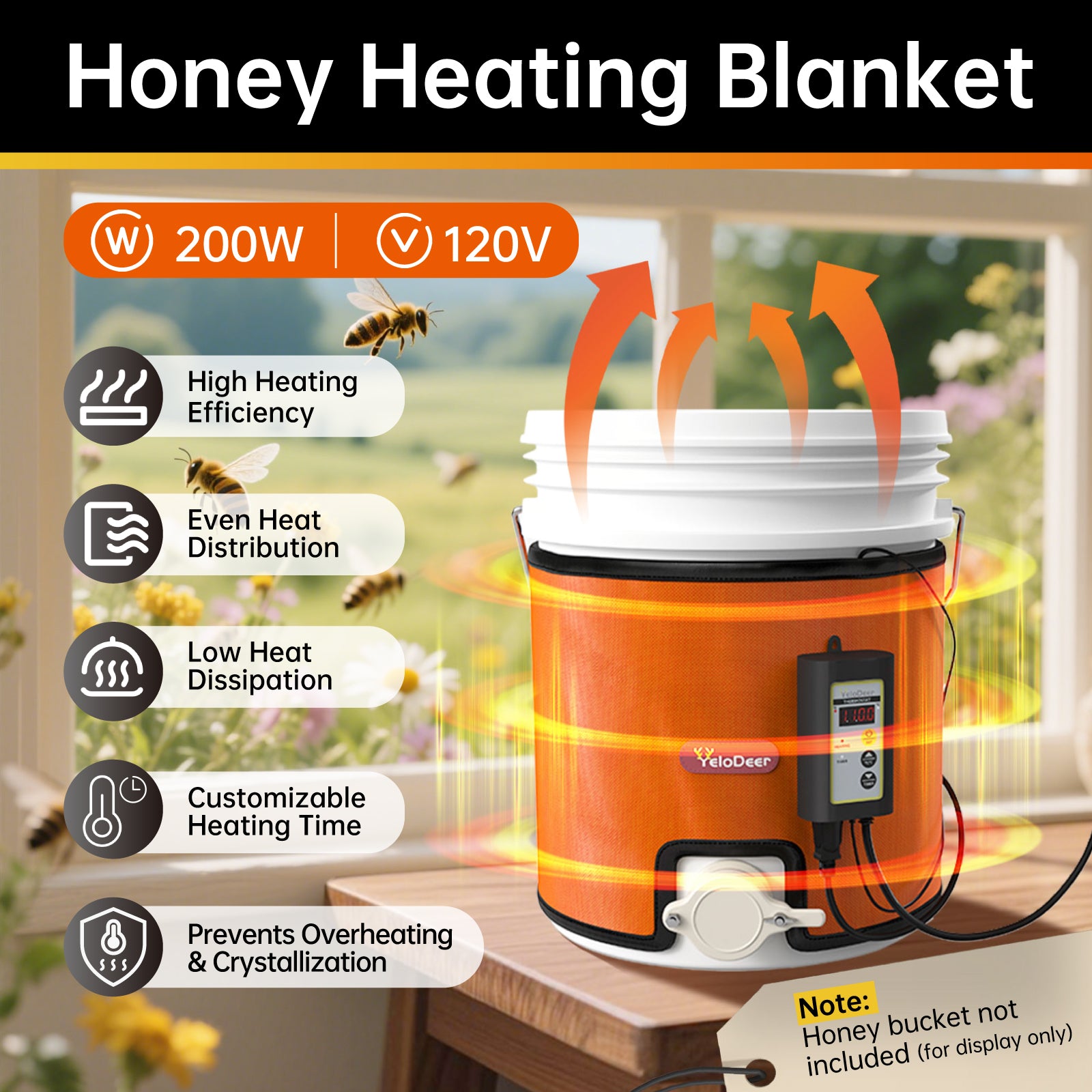 YeloDeer Bee Blanket Honey Heater, Digital Display with Timer, Adjustable Temperature Control, Fits 5 Gallon Bucket