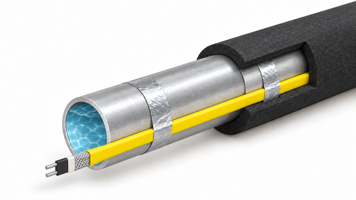 Conceptual cutaway of a layered self-regulating heating cable secured to a water-filled pipe with aluminum foil tape.