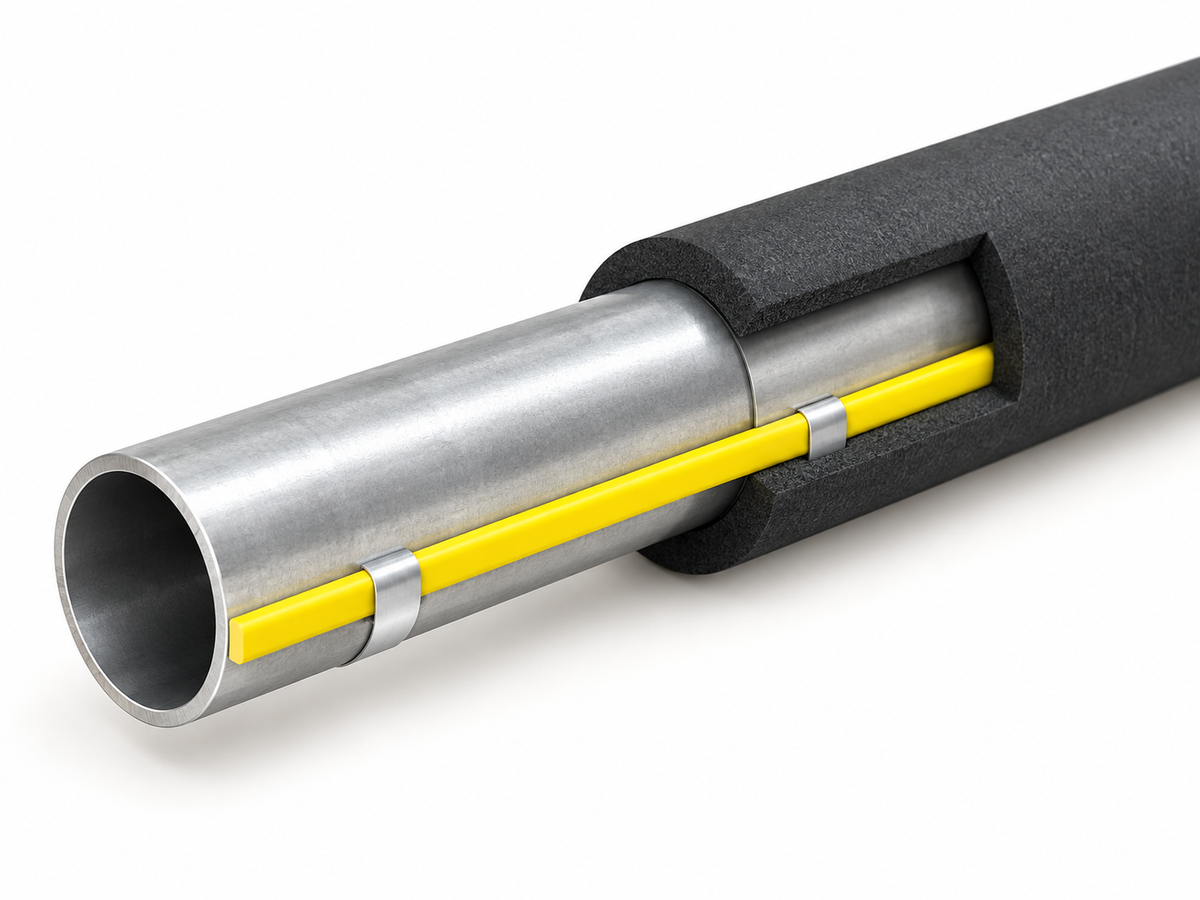 Conceptual cutaway of a heating cable running outside a pipe beneath insulation.