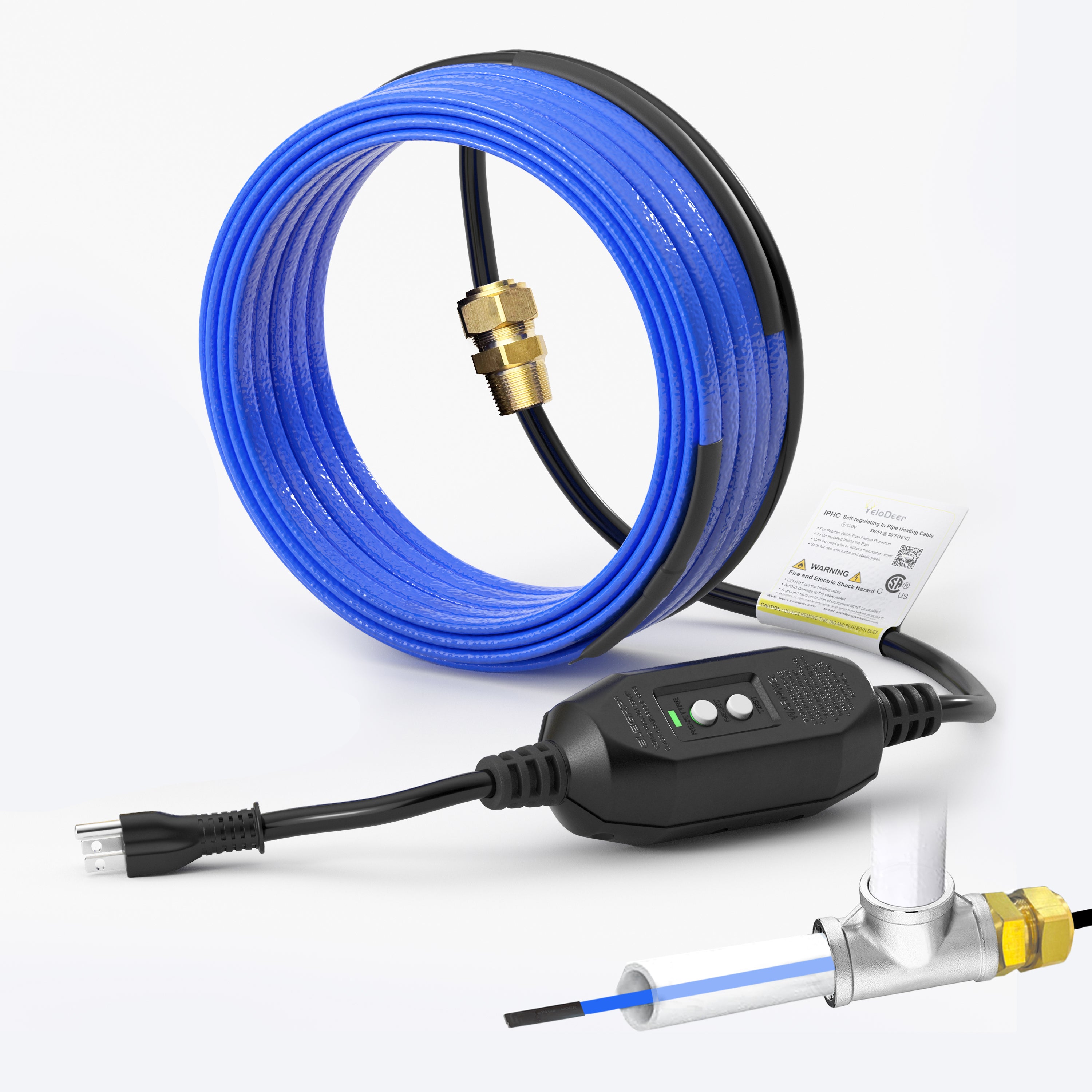 YeloDeer In Pipe Heating Cable for Drinking Water, Food-Grade Safe Internal Heat Tape, Self-Regulating with GFCI, 3W/Ft 120V