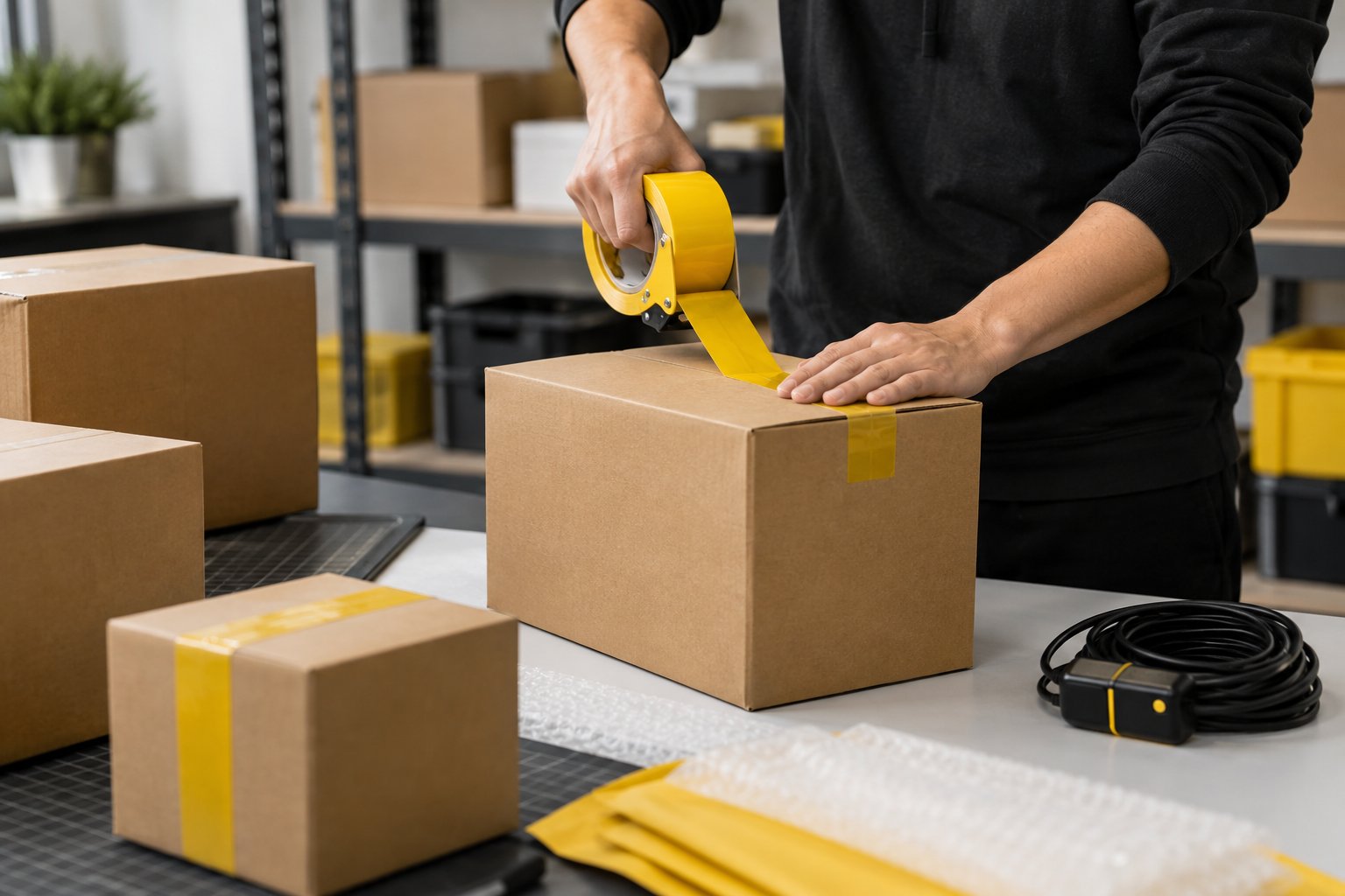Shipping team sealing a carton at a fulfillment bench