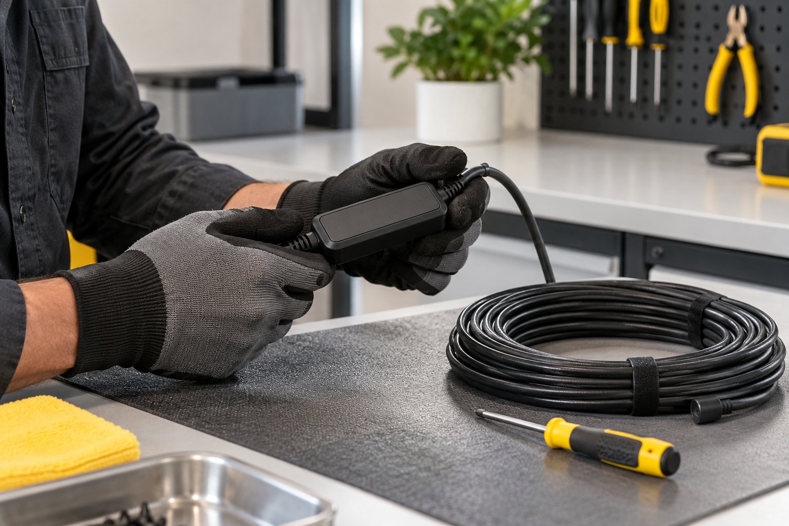 Technician examining a heating cable controller at a service workbench