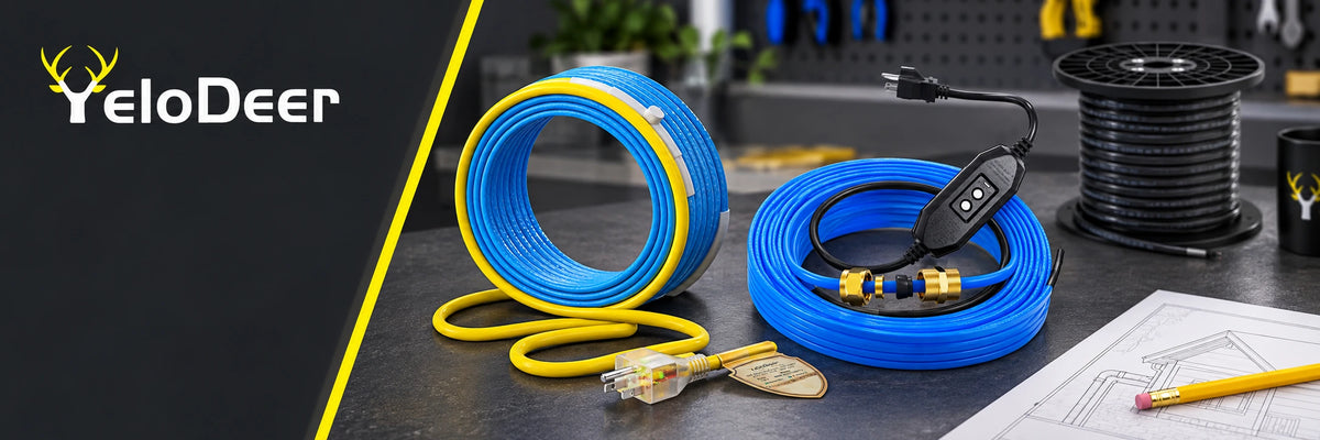 YeloDeer pipe and roof heating cables with controllers and installation accessories.