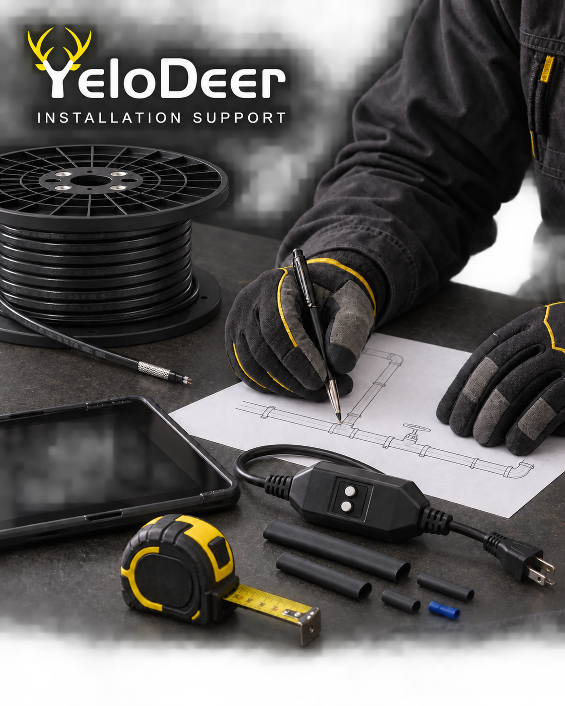 YeloDeer KDL heating cable reel, GFCI connection kit and pipe installation planning